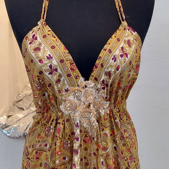 BOHEMIAN GODDESS Silk Gold, Green, Wine & Ivory Floral Maxi Dress - Picture 5 of 11